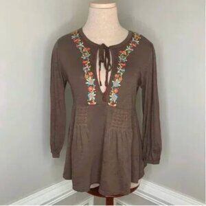 Free People Women's Medium Brown Top Smocked Peplum with Tie Open V-Neckline
